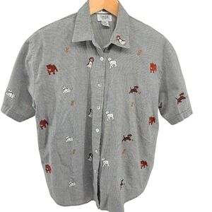 Teddi Houndstooth Print Embroidered Dogs Bone Button Down Shirt Large